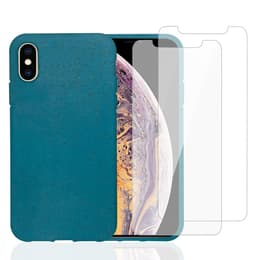 Case iPhone X/XS and 2 protective screens - Natural material - Blue