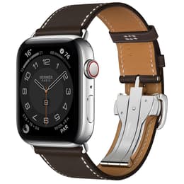 Apple Watch (Series 4) 2018 GPS + Cellular 44 - Stainless steel Silver - Leather Brown