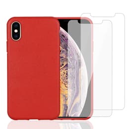 Case iPhone X/XS and 2 protective screens - Natural material - Red