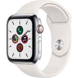 Apple Watch (Series 5) 2019 GPS 44 - Stainless steel Silver - Sport band White