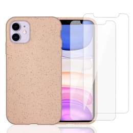 Case iPhone 11 and 2 protective screens - Natural material - Pink