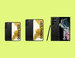 A visual representation highlighting the differences in screen size, camera setup and other key features of the three Samsung Galaxy S22 models.