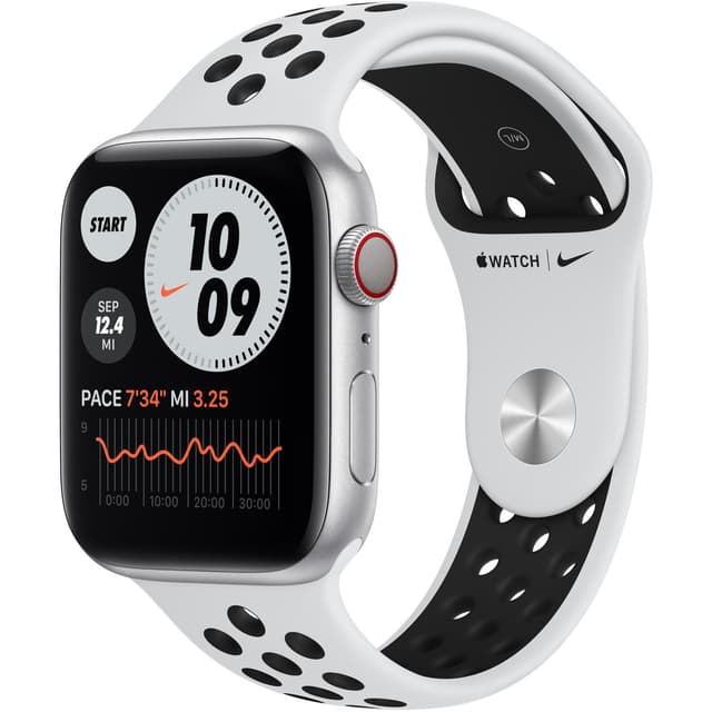 Apple Watch (Series 6) GPS + Cellular 44 - Aluminium Silver - Nike Sport loop Pure plainum/Black